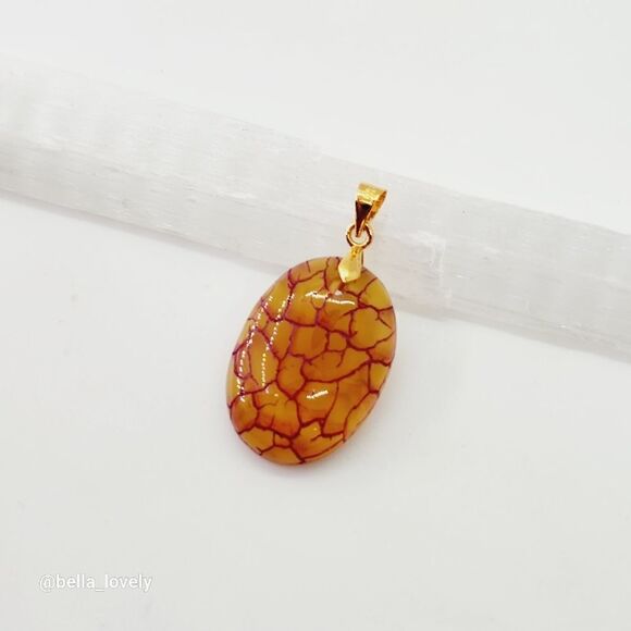 Red Orange Yellow Dragon Veins Agate Teardrop Pendant Gold Toned Bail - Picture 3 of 3